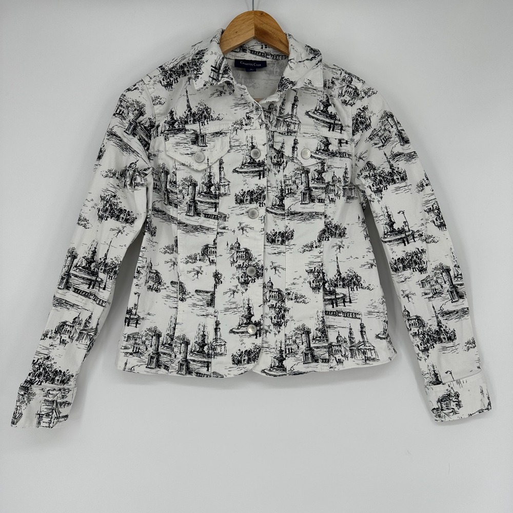 Charter Club Small White Blue Jacket Cotton Blend All Over Print French
